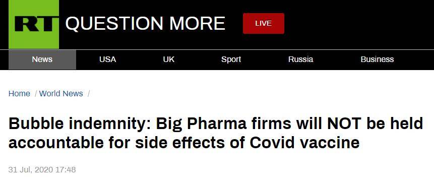国家|英国制药巨头拒绝为新冠疫苗副作用负责，RT：许多国家可能都在订购名单上