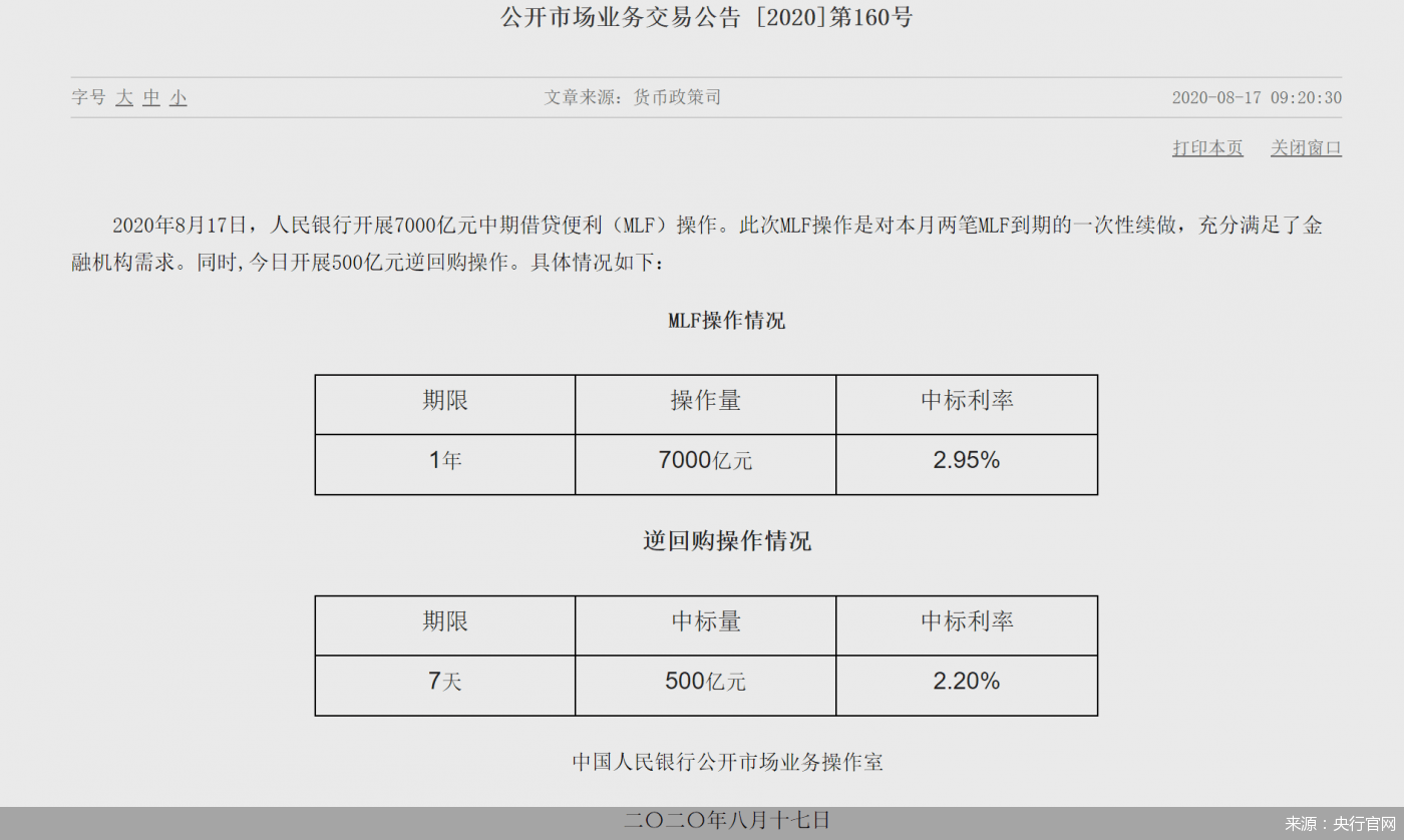 央行|央行续作MLF量增价稳 8月LPR下调概率降低
