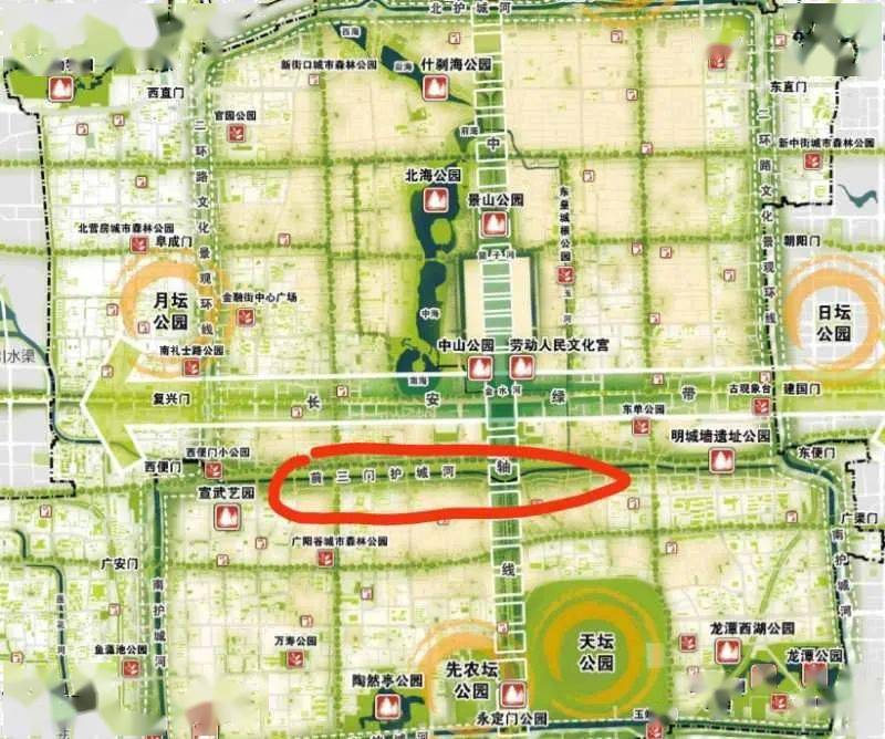 北京市总体规划中标明了"前三门护城河"水系/北京市规划和自然资源