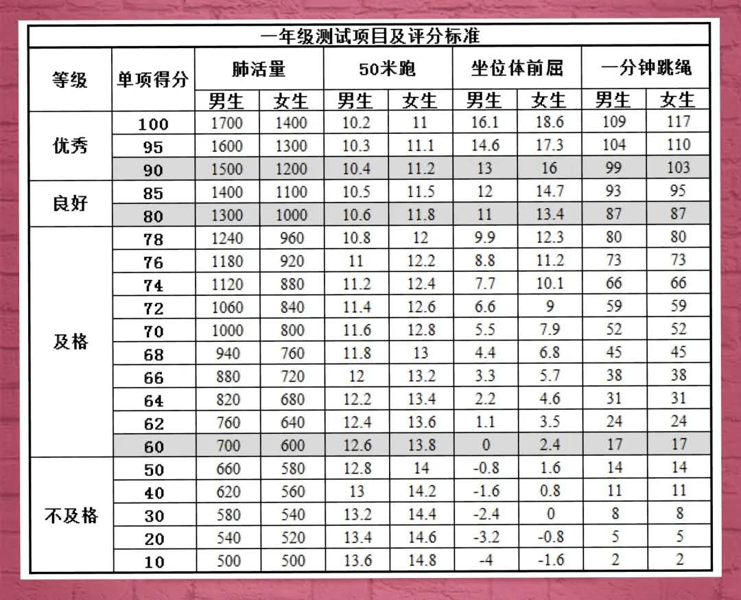 体质达标小学阶段国家体质健康测试评分标准及方法