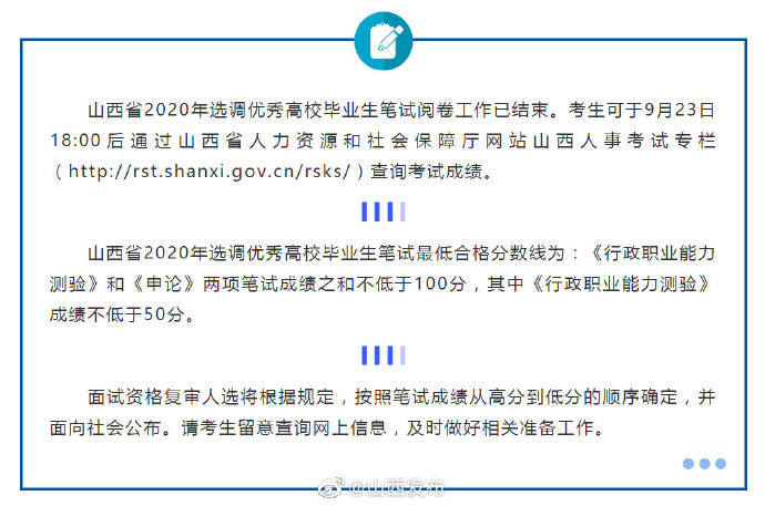 笔试|山西省2020年选调优秀高校毕业生笔试成绩公布