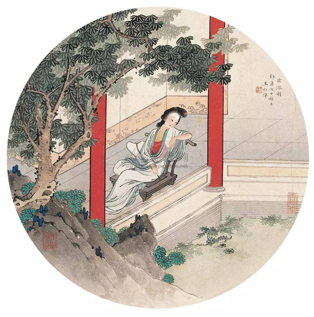 中国絵　乙亥年写貴妃出浴圖　銘有リ　肉筆 中国絵 乙亥年写貴妃出浴圖 銘有り 絵画