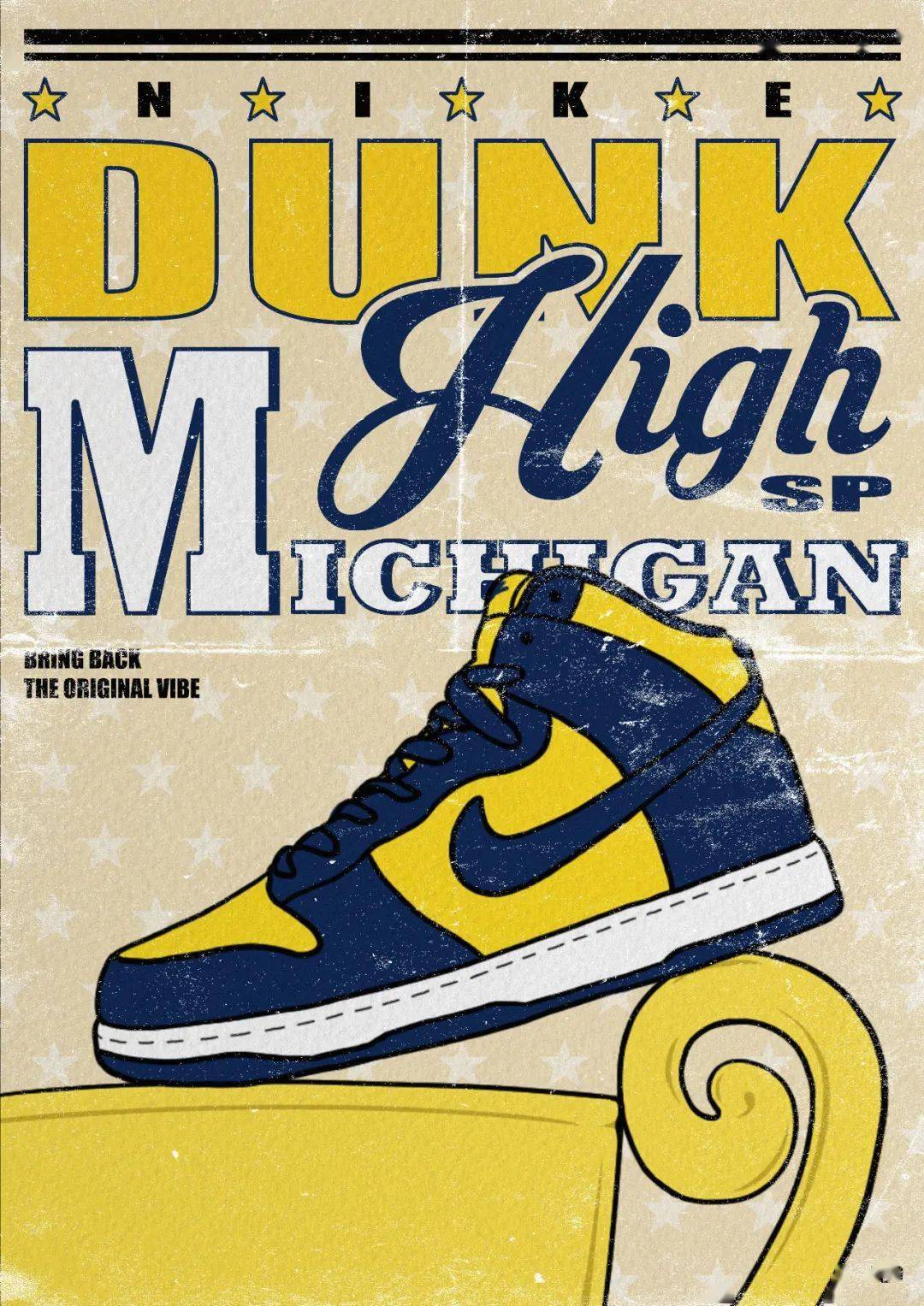 xh55设计海报本次设计海报将nike dunk high"michigan"显著的年代感