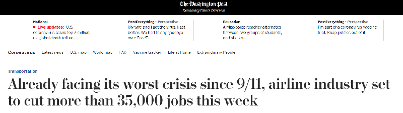 疫情|美国10月超3.5万航空业员工或将失业 美媒：面临“911”以来最严重危机