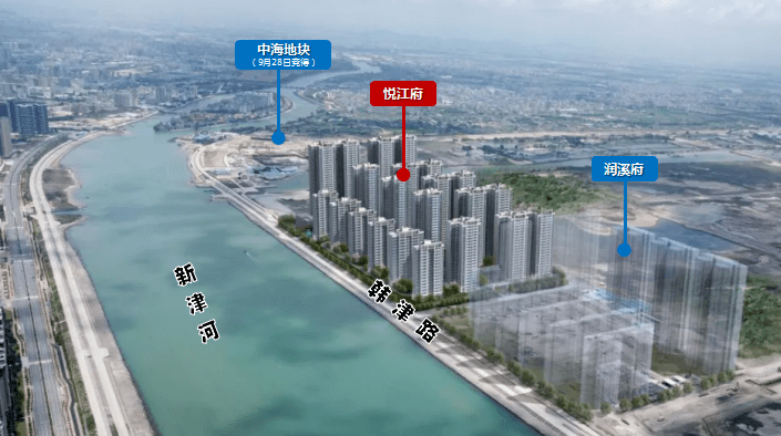 中海悦江府位于东海岸新溪片区,西为韩津路(预计2020年底通行,南为