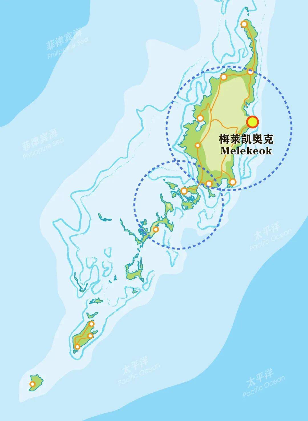 地图的最后一部分,包括帕劳北部的最大岛屿巴伯尔图阿普岛和科罗尔岛