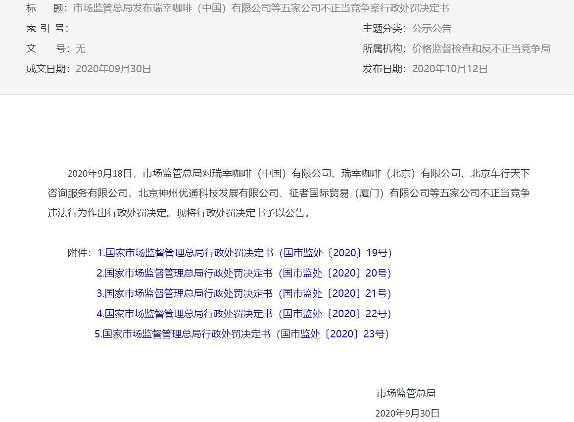 客户交易|因不正当竞争，瑞幸咖啡等五家公司被罚200万元