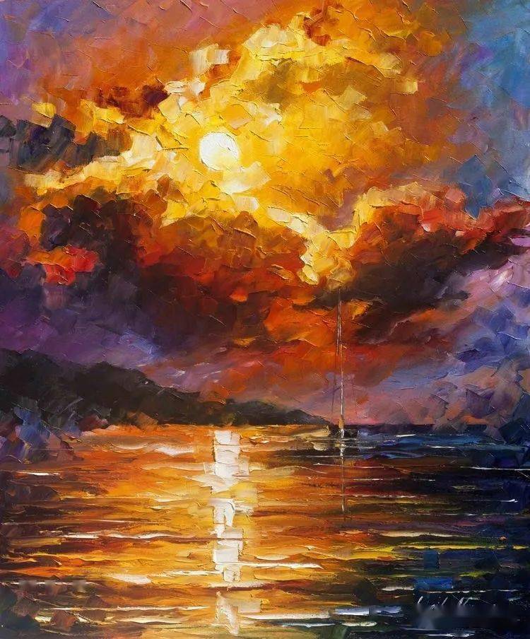 油画临摹素材色彩浓郁的夕阳风厚涂风景