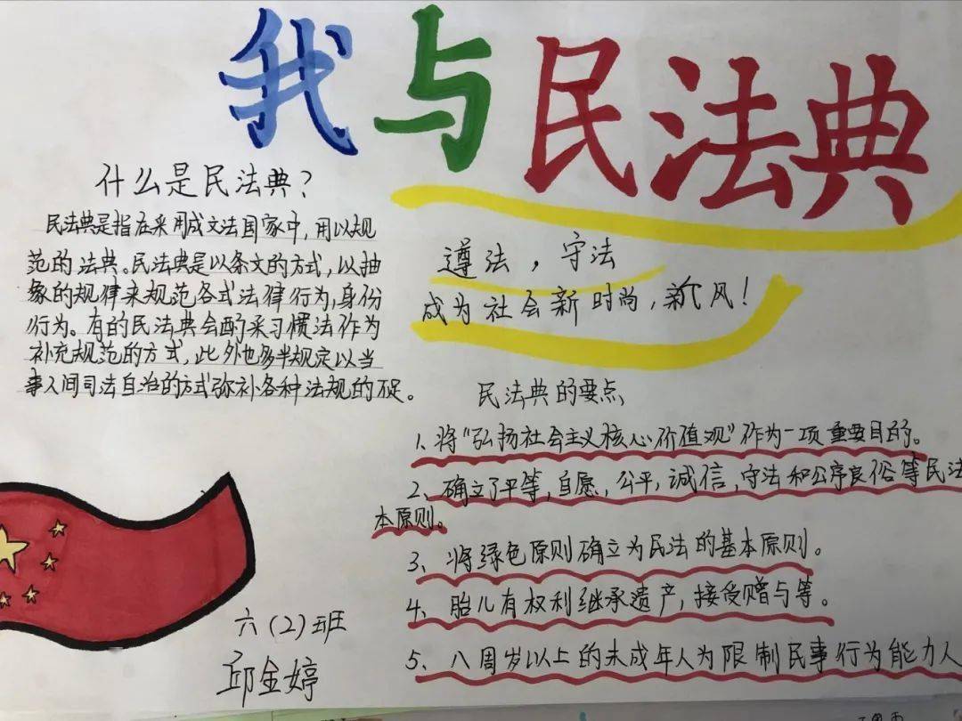 通过观看视频认真学习民法典,开展主题队会,制作民法典手抄报等等