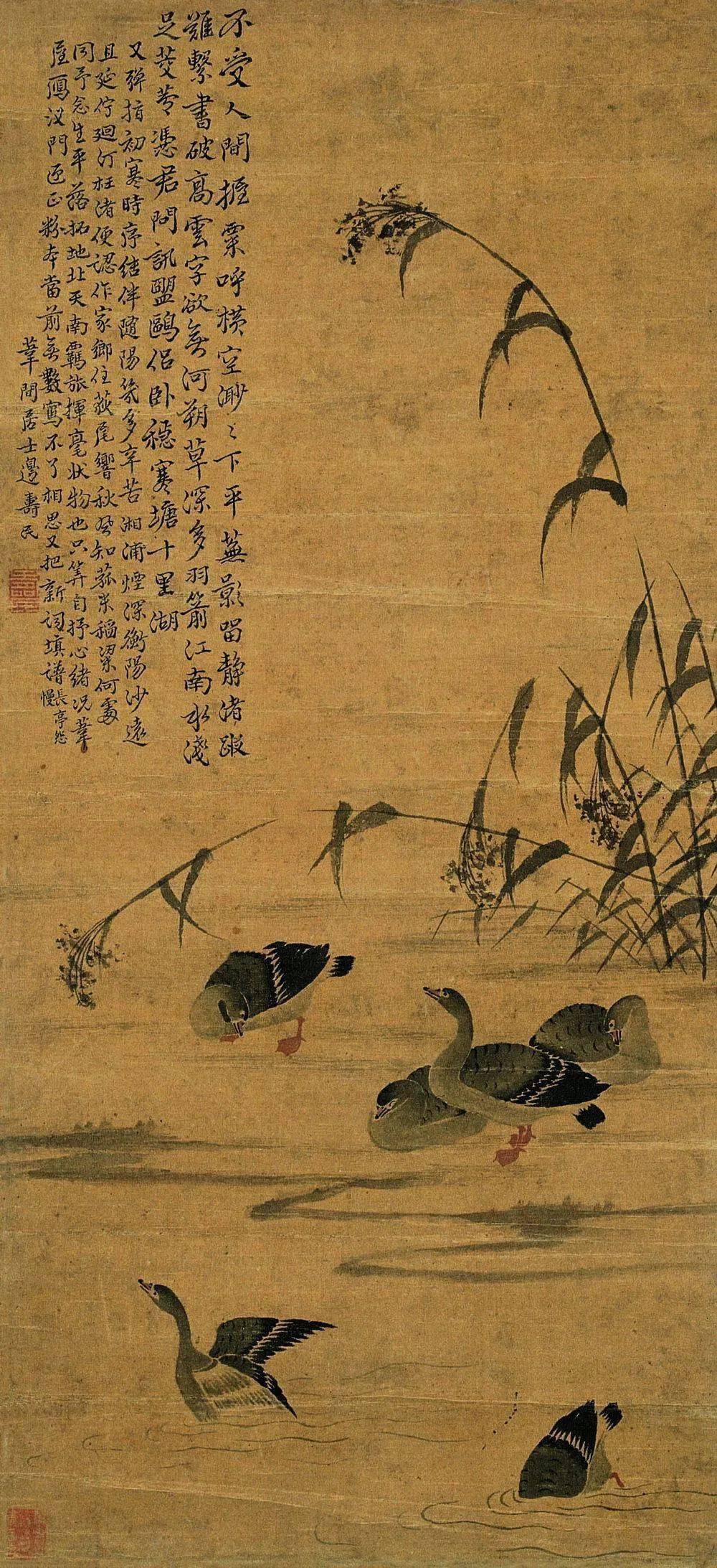 四面环水,芦苇丛生,还有专供绘画的小亭,画家边寿民有屋数楹,芦花冷白