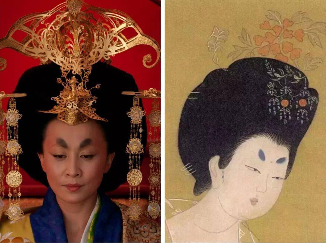 你看《狄仁杰》里刘嘉玲的武则天,画的就是唐代蛾翅眉,妆容也几乎100%
