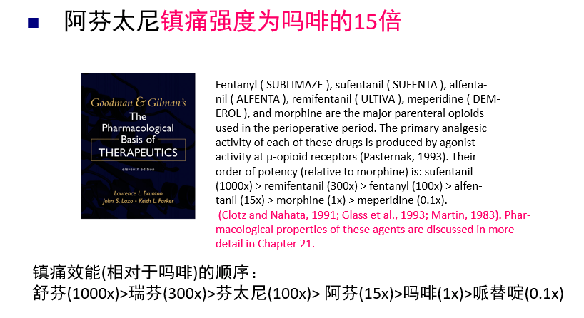 第四 阿芬太尼安全性高:治疗指数高达1080,是芬太尼的4倍.