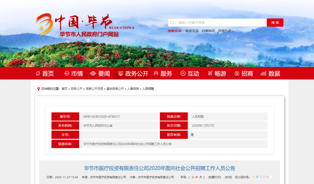11名!毕节市医疗投资有限责任公司2020年面向社会公开招聘工作人员