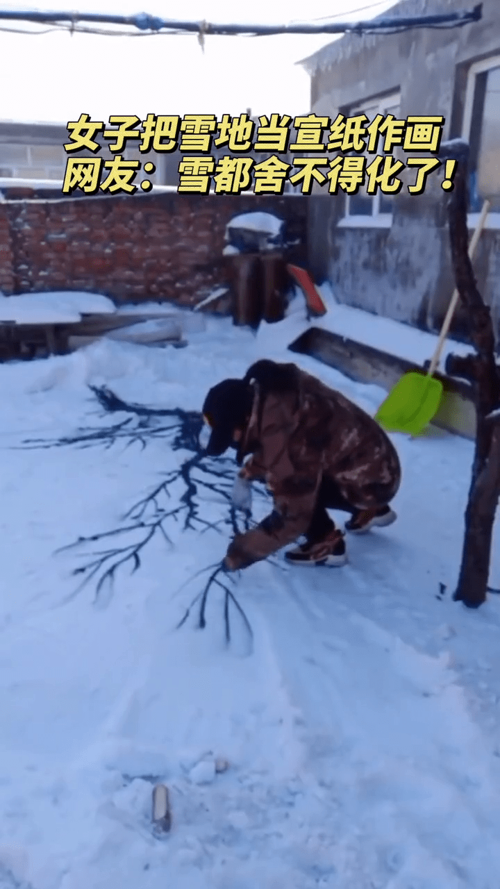 吉林一女子把雪地当宣纸作画 网友:雪都舍不得化了!