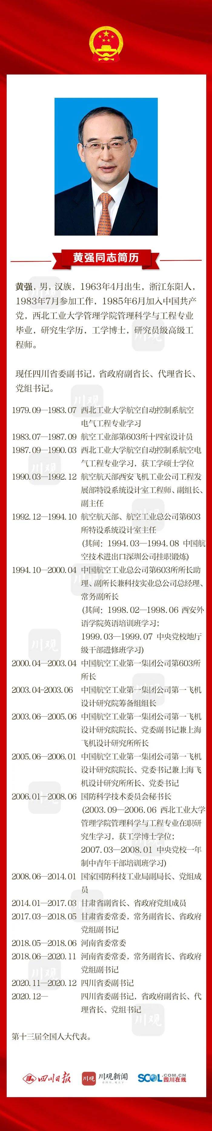 黄强任四川省副省长,代理省长(附简历)