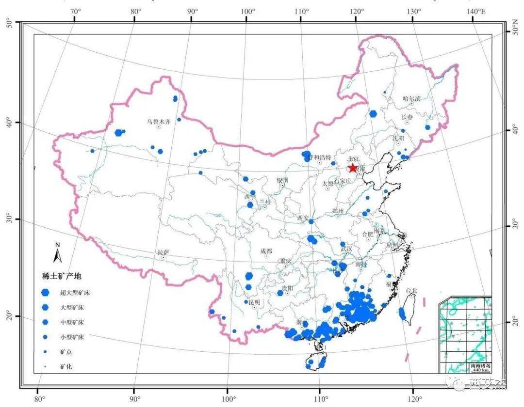 中国稀土矿产地分布图