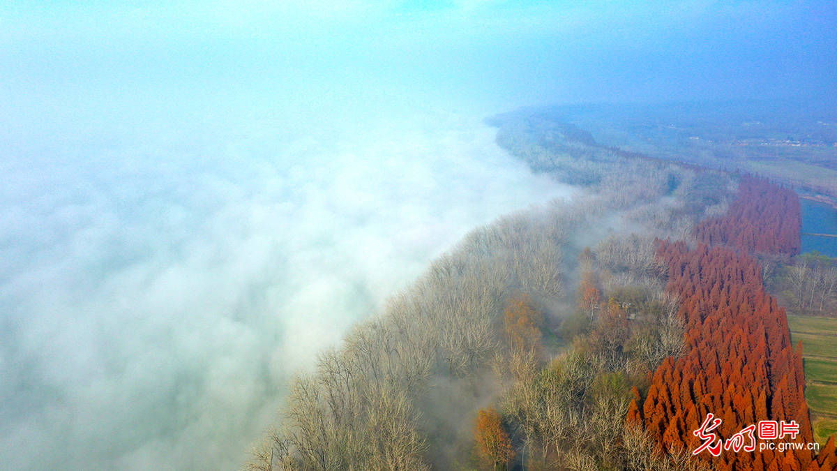 洪泽湖迎来平流雾美景