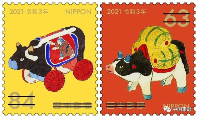 2020年10月29日,日本邮政发行  "2021牛年生肖邮票"一套两枚,延续了