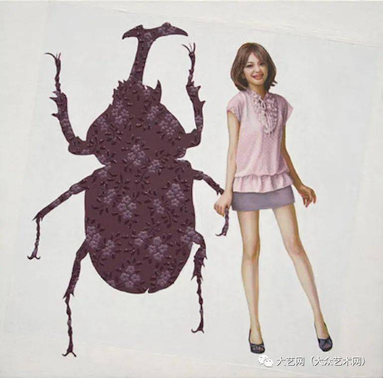 現代美術家松山賢アート作品抽象ガールと模様昆虫・白 (K.S.M.)