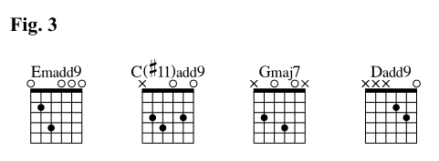 现在来看第一条和弦进行,我们可以将第一个em变成em7,也就是加一个d