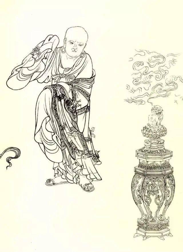 该画使用了白描手法,画中陪衬人物和主体人物相互呼应,构图艺术性很高