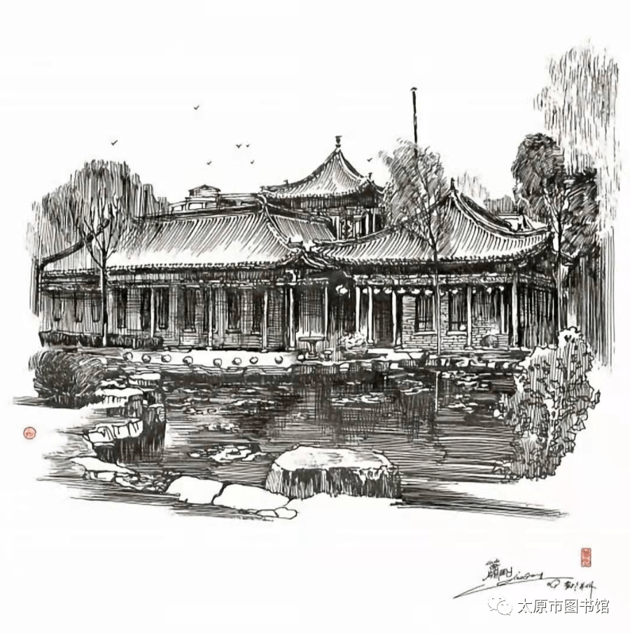 观者赏画太原市图书馆新馆(萧刚绘)蒙山大佛(萧刚绘)晋祠圣母殿(萧刚