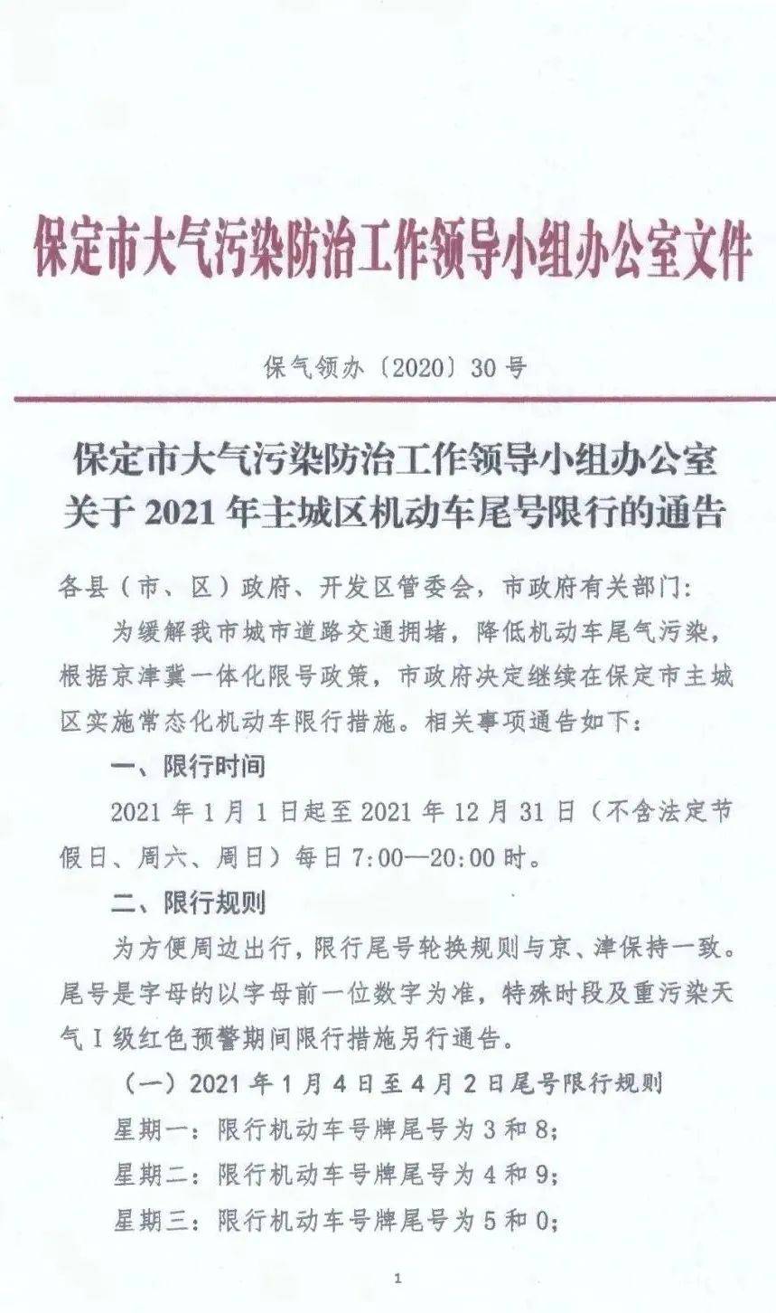 曲阳县2021年主城区机动车尾号限行通告