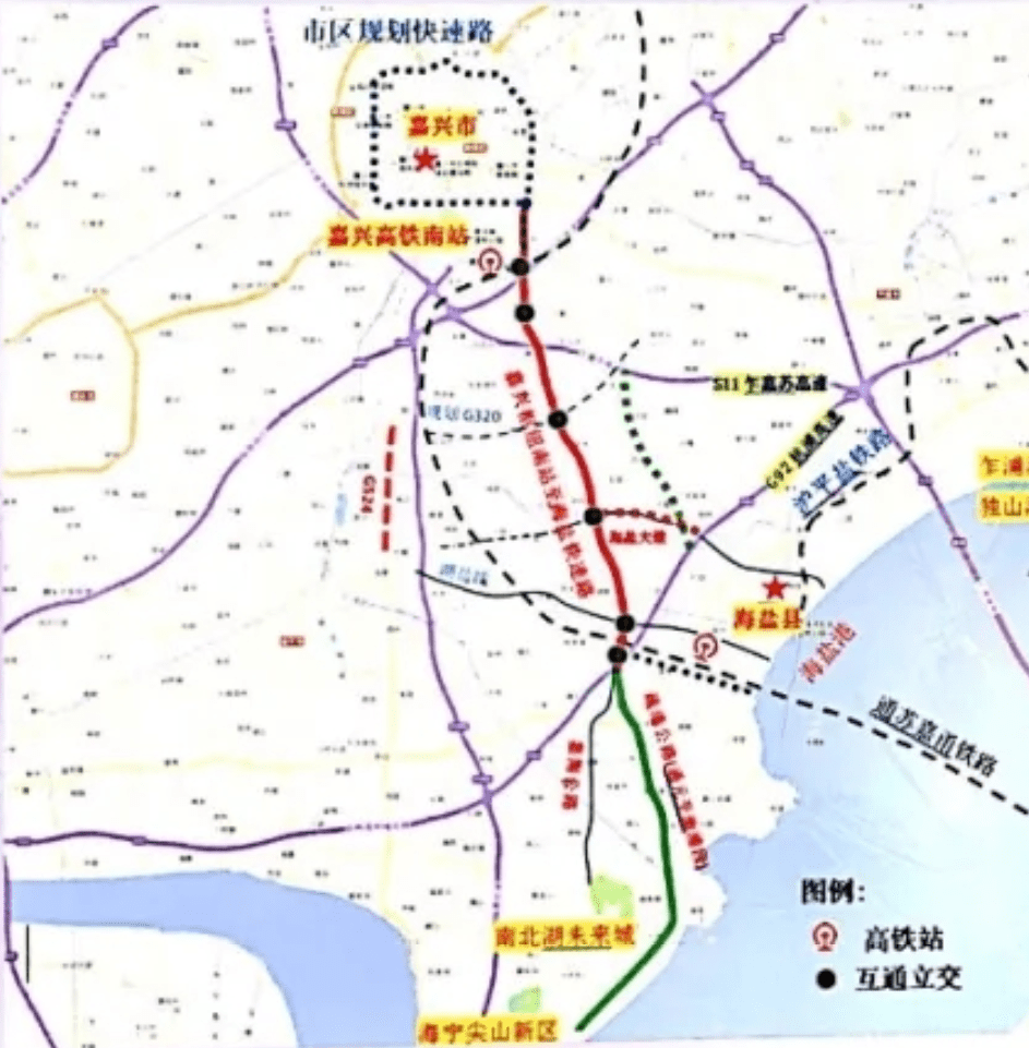 于环线高架嘉兴高铁枢纽,沿嘉南公路从北向南, 经规划g320 ,海盐大道