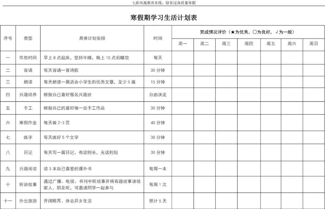 小学1-6年级寒假学习计划表,家长都在打印,请查收!