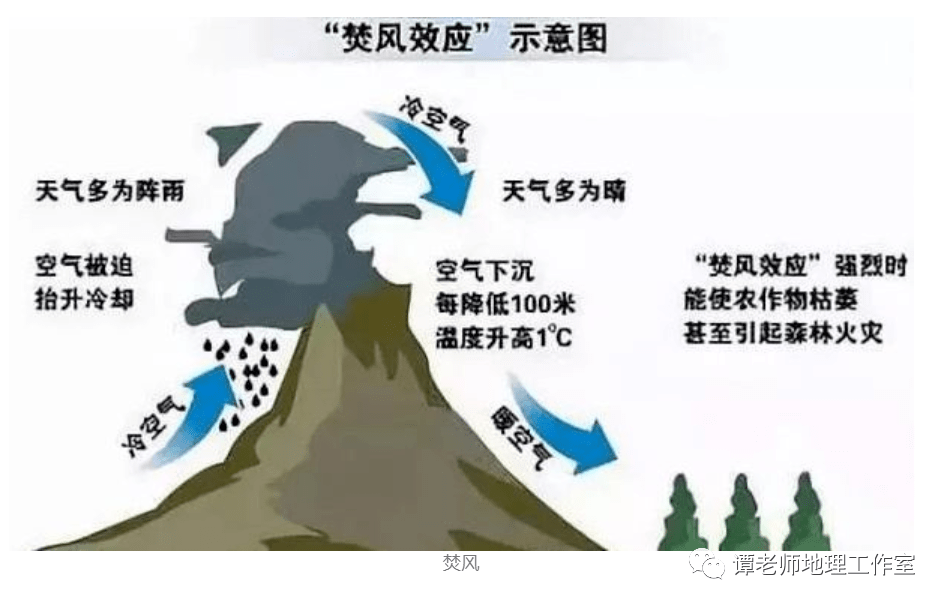 焚风效应是气流翻过山岭时在背风坡绝热下沉而形成干热的风的现象.