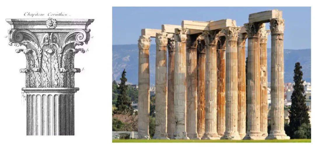 科林斯柱式具有华丽的装饰性,卷涡比爱奥尼亚柱头弱化,但复杂的曲线