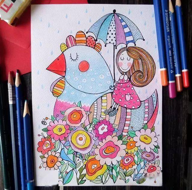 彩铅卡通画素材 | 彩铅卡通画这么美,色彩太好看了吧!