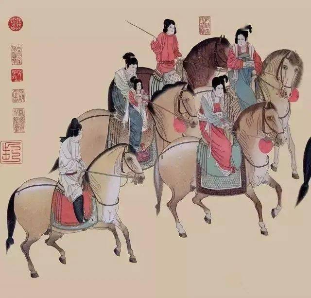 彩色发绣版 唐 张萱《虢国夫人游春图》局部  在古老而绚丽的中国刺绣