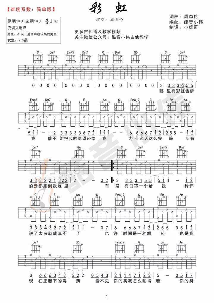 《彩虹》周杰伦 吉他谱及教学视频发布(酷音小伟吉他教学)