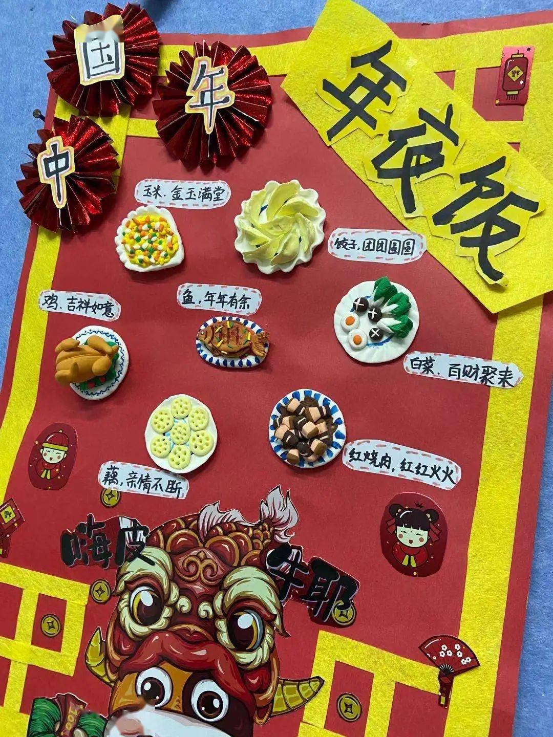 三洲机关幼儿园小朋友们用手工做出年夜饭中的"年年有余".