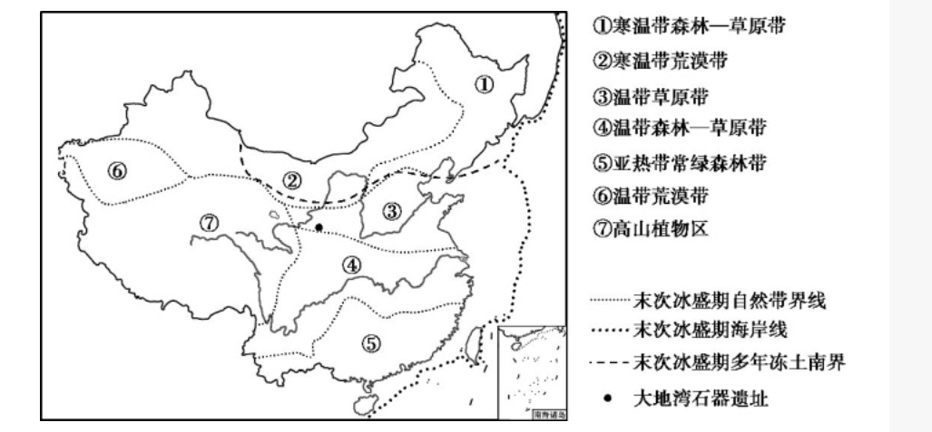 在末次冰盛期内,受季风环流变化的影响,中国大陆自然带位置与现今差异