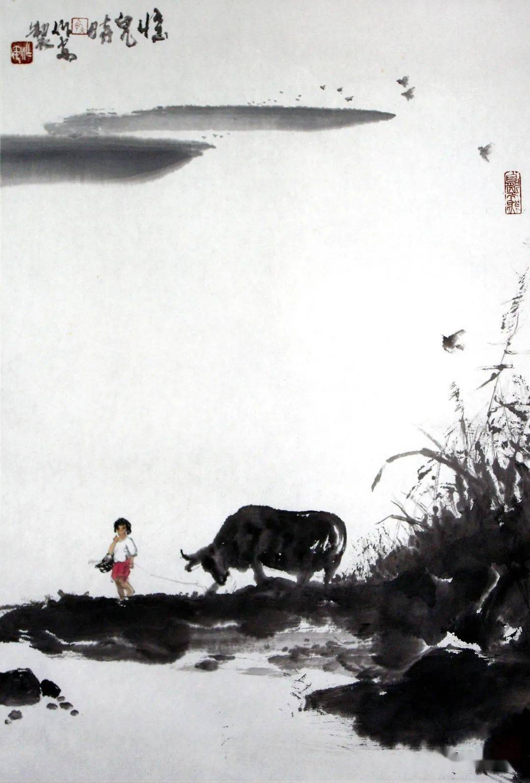 殷作安老师的水墨画《沐浴图》《忆儿时》《九九加一九》,也是画牛的