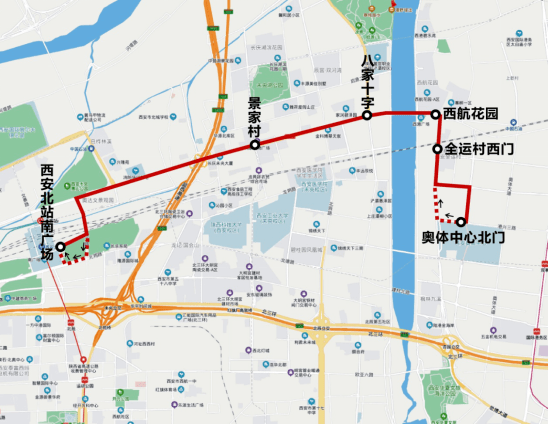 去程由西安北站南广场发车,经西安北站东迎宾匝道,元光东路,建元路