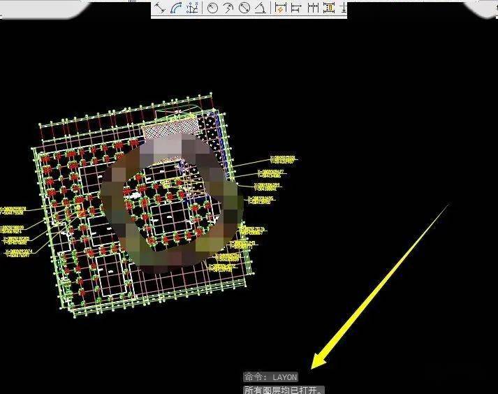 步骤二,打开图形后,输入打开全部的图层命令—layon,让cad隐藏图层