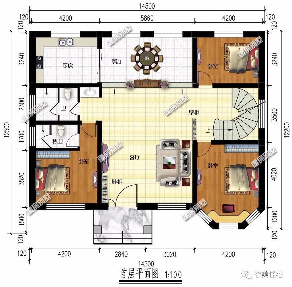北京业主都会选的别墅户型,带八角窗和旋转楼梯,施工很容易