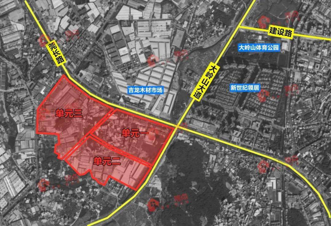 保利拿下的龙山村商住类更新单元,位于大岭山中部,西至水厂路,东至