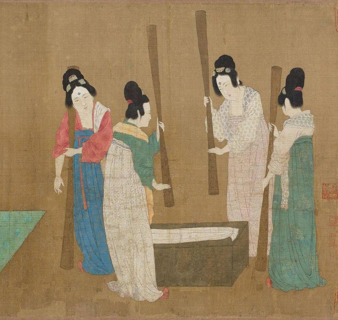 此画为唐代画家张萱所作,是唐代仕女画中取材较为别致的作品,  对后世