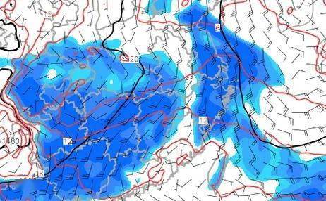 今天14点天气图,从风向和蓝色湿区可清晰看到两股暖湿气流