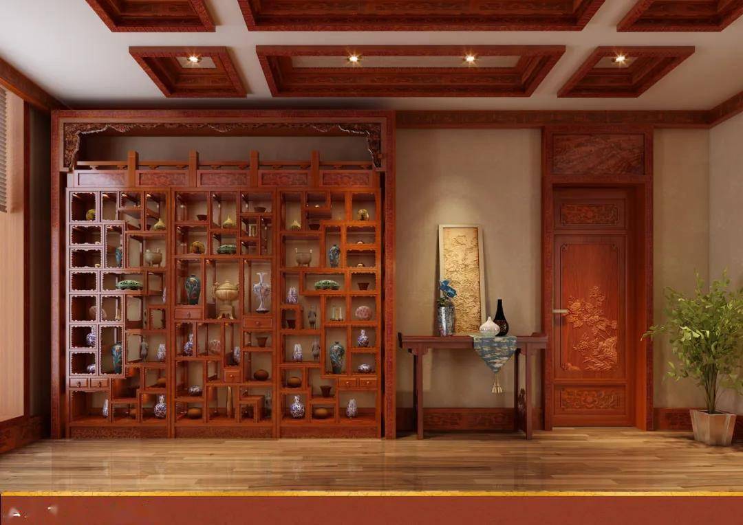 书房空间的设计之中,还加入了中式博古架元素,搭配条案和中式门框设计