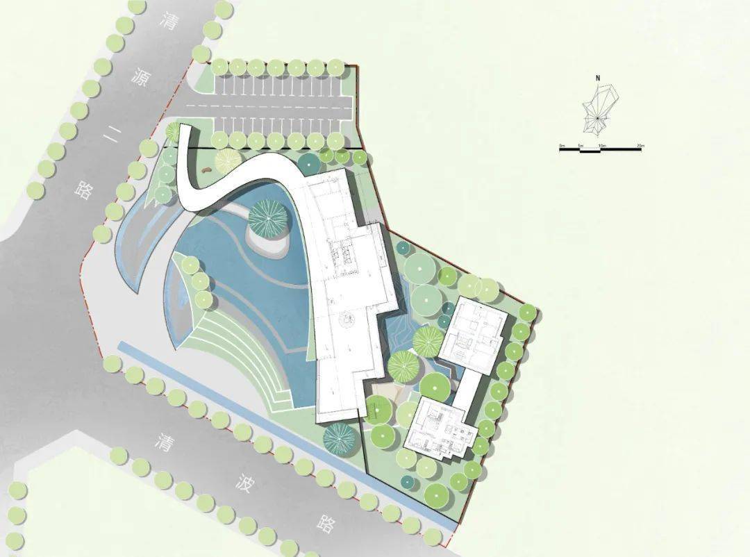 项目建筑取"曲水流觞"之意,采用曲线设计 设计将建筑体与景观廊结合