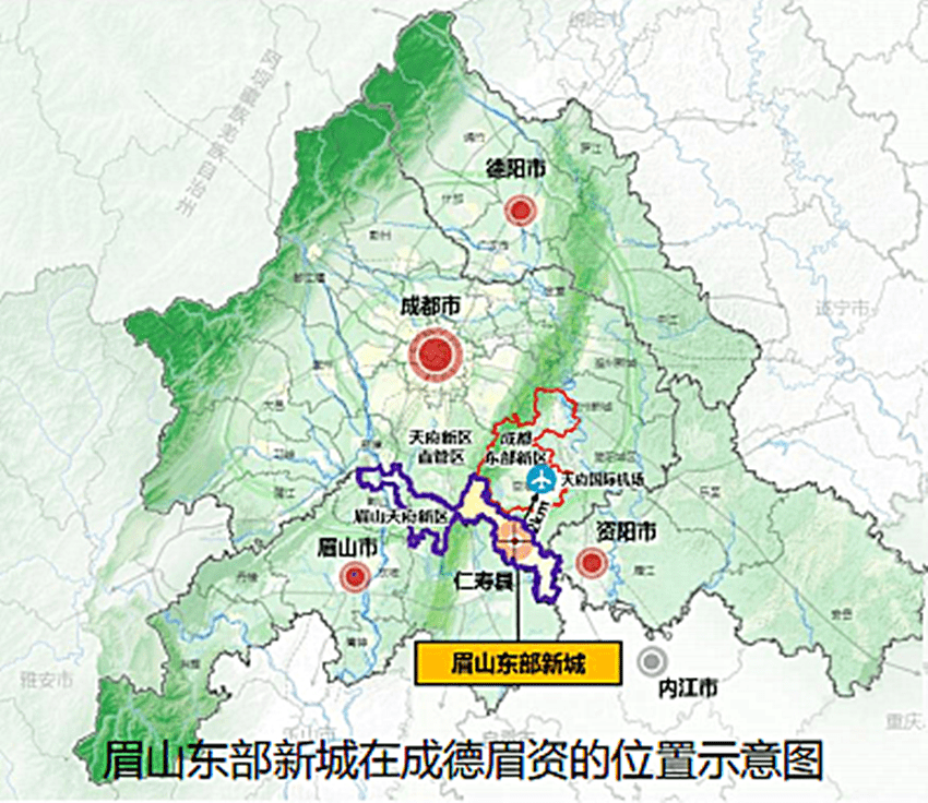 眉东新城位于成渝地区双城经济圈和成德眉资同城化的 核心区域,是眉山