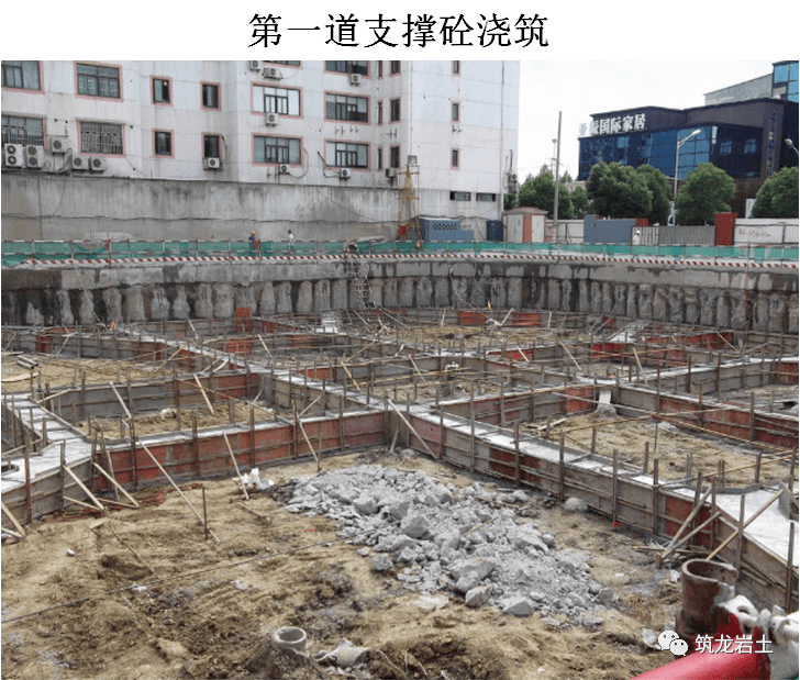 底板沿槽浇筑至支护桩形成换撑传力带)------继续施工地下室至内支撑