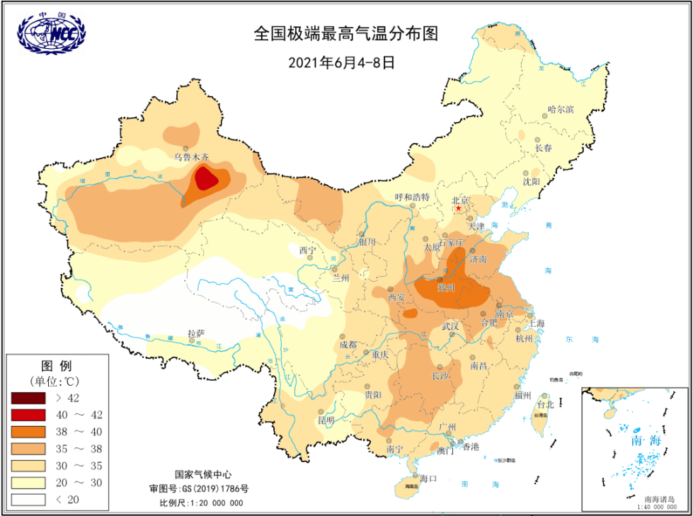 2021年6月4-8日全国极端最高气温分布图 6月以来,我国中东部出现4次