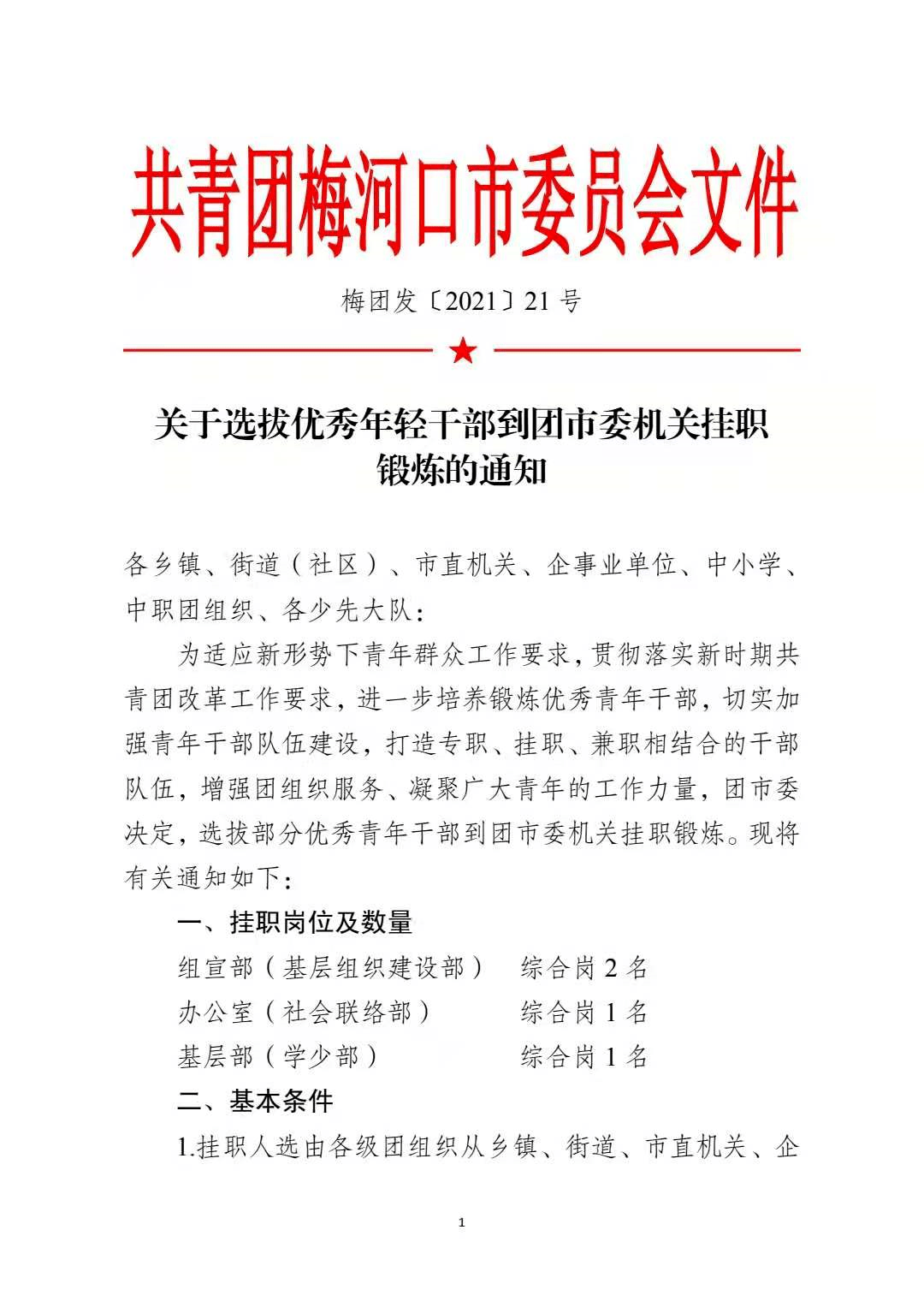 关于选拔优秀年轻干部到团市委机关挂职锻炼的通知