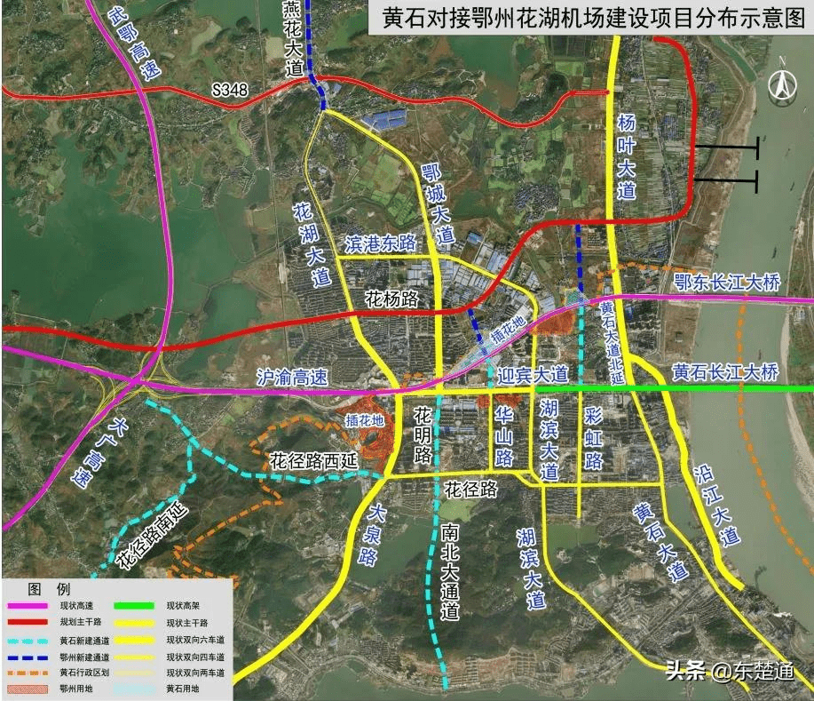 1,黄石大道-黄石大道北延-杨叶大道;  2,沿江大道-黄石大道北延-杨叶